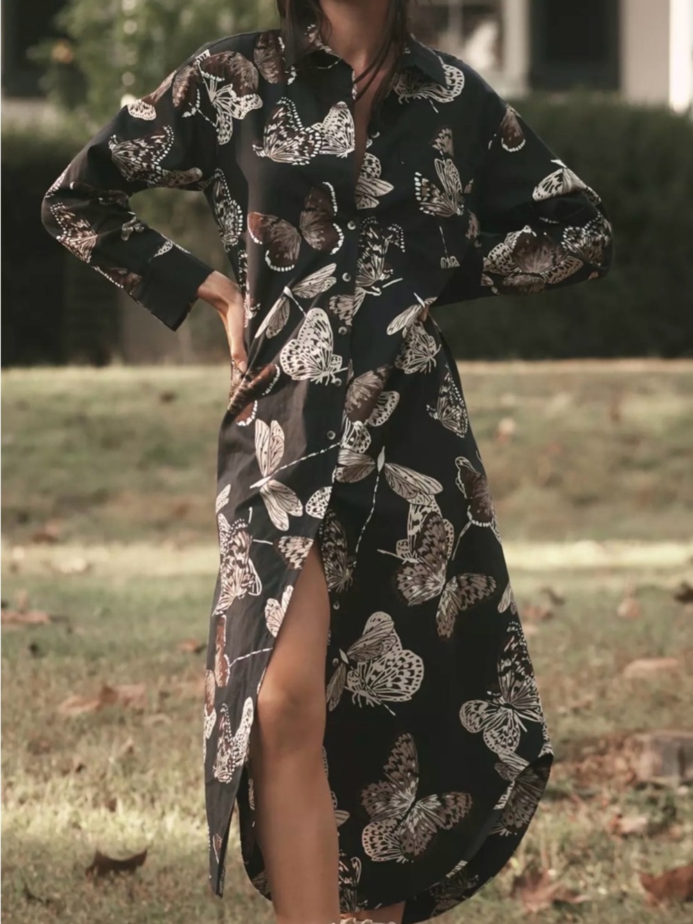 Anthropologie Maeve Soren Butterfly Shirt Dress NWT XSP Petite Navy Midi - Picture 5 of 11